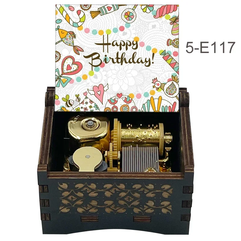 Happy Birthday Music Box Golden Mechanical, Black Wooden Anniversary Gift for Kids Girlfriend Wife Mom Father Birthday Present 4
