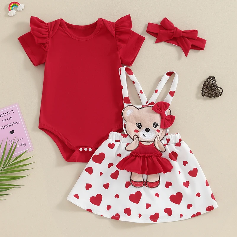 

Valentine's Day Newborn Baby Girl Clothes New Born Items Costume Print Jumpsuit Romper Overall Dress with Headband Set