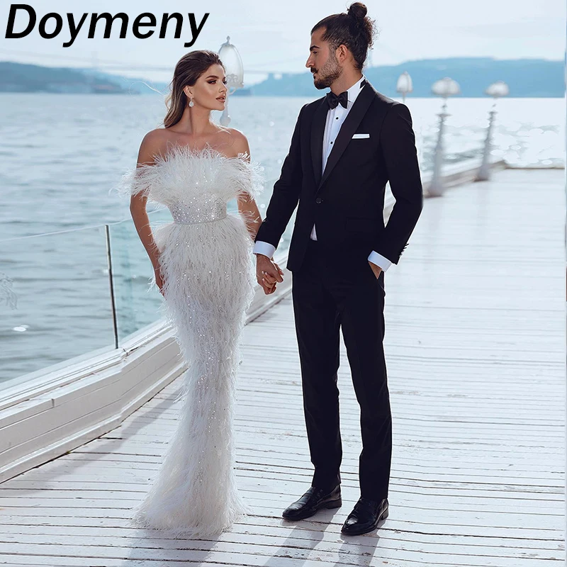 

Doymeny Women’s Sparkle Beaded Prom Dresses Feather Off Shoulder Mermaid Cocktail Sequin Formal Evening Party Gownsفساتين السهرة