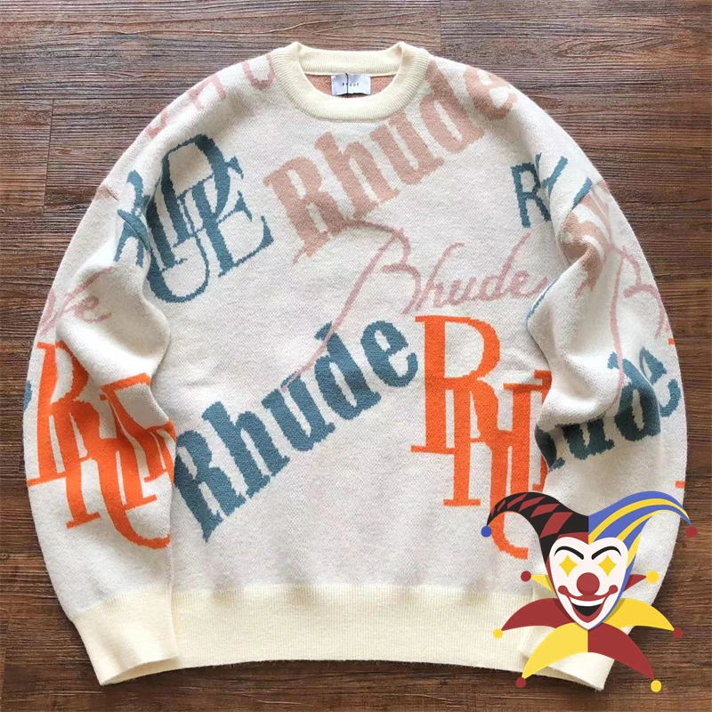 

Full Jacquard RHUDE Knitted Sweater Men Women Loose Apricot Crewneck Sweatshirts
