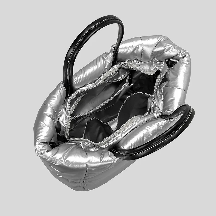 High-end Down Big Ladies Hand Bags Winter Contrast Color Retro Cloud Down Large Shoulder Bag Women Space Padded Jacket Totes