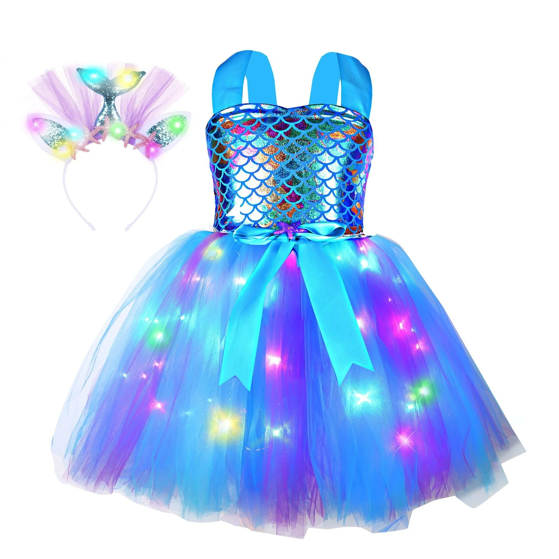 Mädchen Meerjungfrau TUTU LED Kleid Kinder Geburtstag Party Kleider Kleine Meerjungfrau Prinzessin Kostüme für Halloween Neujahr Dress Up Outfit – Detail 17