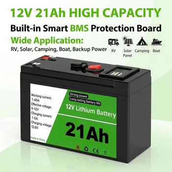 Batteria al litio ricaricabile 12V 21Ah con BMS, pratica soluzione di backup energetico per pannelli solari, camper e impianti marini.