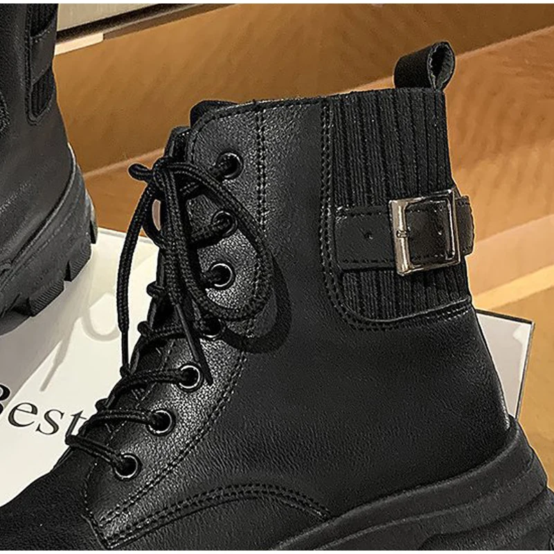 Ladies winter ankle boots pu leather warm stretch fabric splicing female snow boots