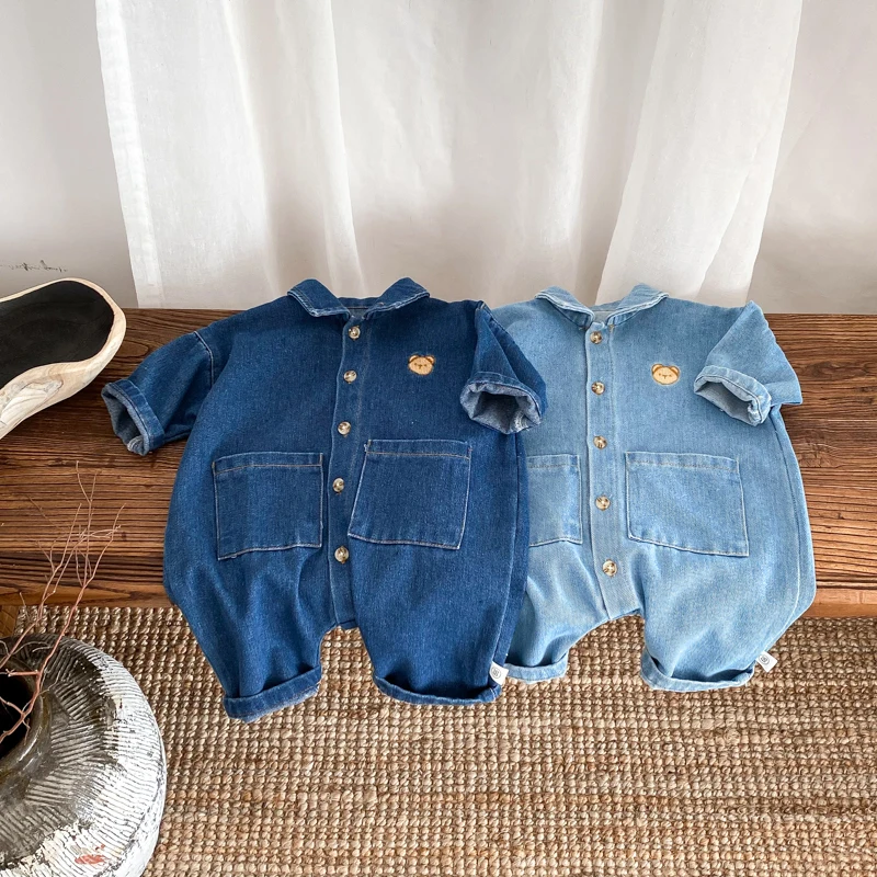 Korean Style Newborn Bodysuit Baby Jumpsuit Boy Girl Autumn Outdoors Bear Prints Denim Romper 0-2yrs 3