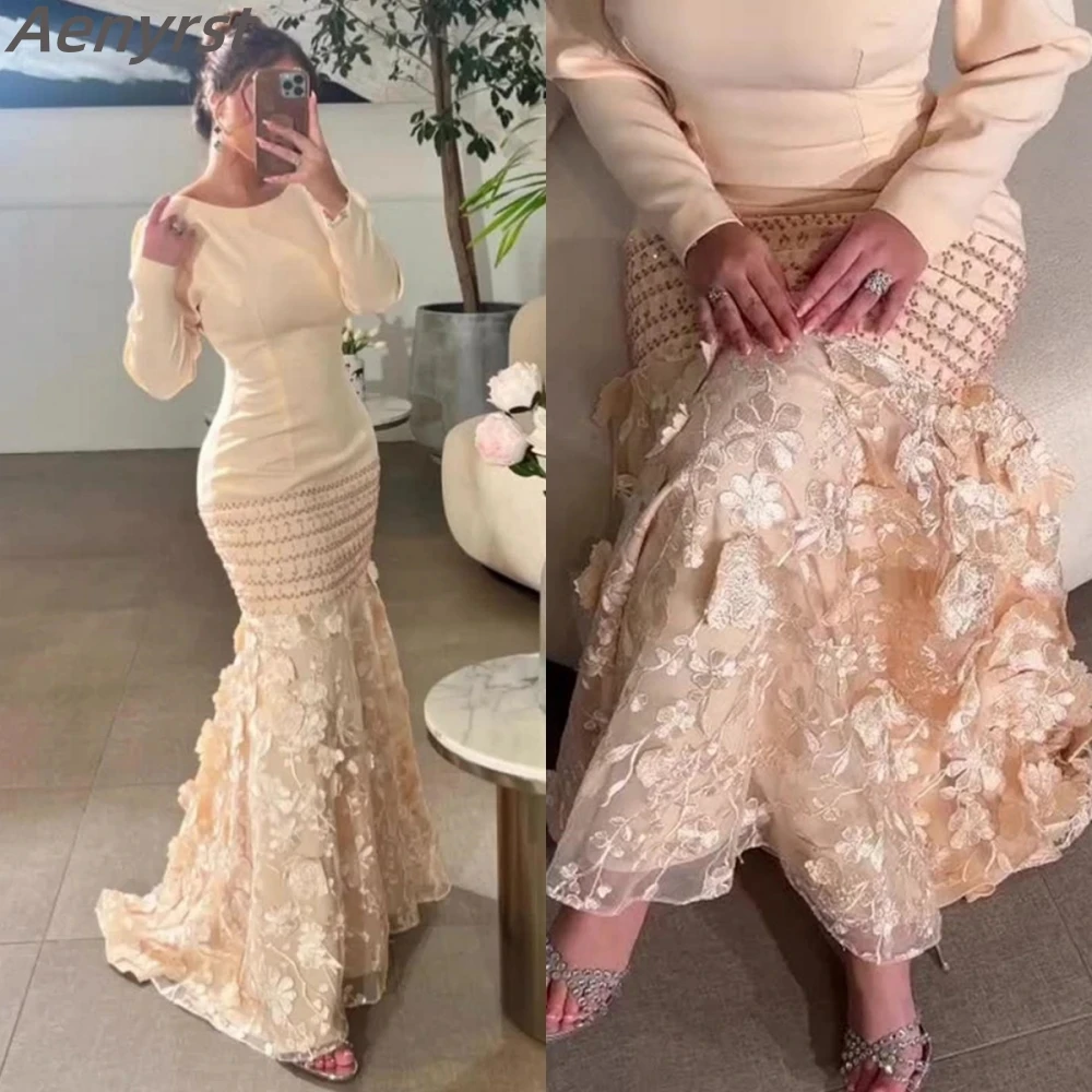

Aenyrst Elegant Prom Gowns O-Neck Appliques Flowers Bridemaid Dress Lace Long Sleeve Wedding Party Dresses فساتين سهره