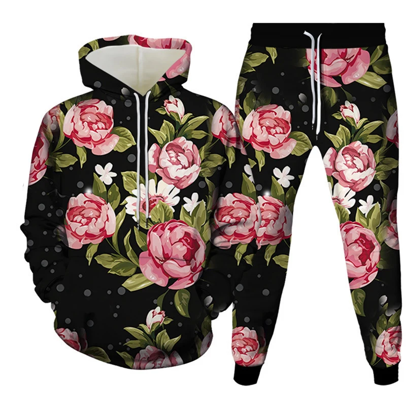Mens Floral Hoodie Sweatpants Tracksuit