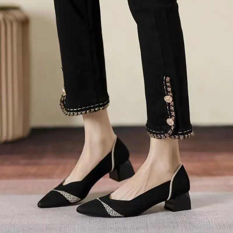 Women's High Heels 2025 New Fashion Pattern Square Head Thick Heel Knitted Comfortable and Breathable Shoes Spring and Autumn Se 3