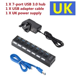 7 - Port USB 3.0 Hub with Power Adapter and Individual Switches (UK Plug)