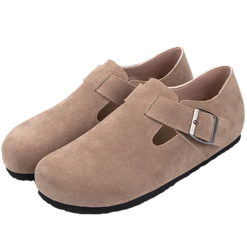 

Women Flat Cork Shoes Autumn Lady Casual Beach Belt Buckle Non-slip Outside Nubuck Leather Comfortable Shoes Designer Footwear