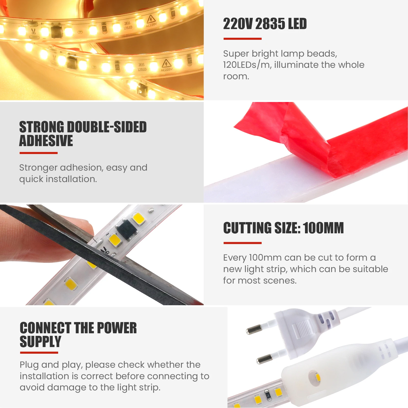 220 V LED-Streifenlichter 2835 IP65 wasserdicht 3000 K 4000 K 6000 K selbstklebendes LED-Lichtband 120 LEDs/M Zuhause flexibles Band für Garten – Detail 11