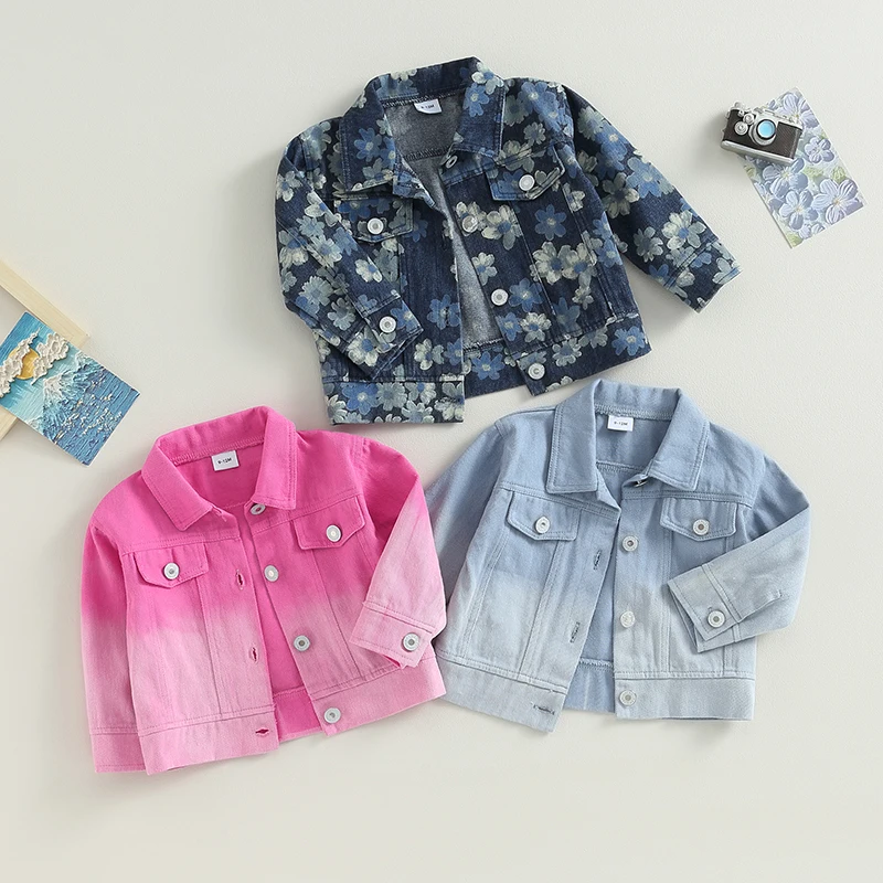 Toddler Baby Girl Boy Jean Jacket Gradient/Floral Print Button Closure Lightweight Denim Jackets Fashion Infant Spring Outwear