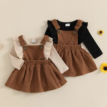 0-18months Baby Girl Spring Fall Outfit Solid Ruffled Long Sleeve Crew Neck Romper with Corduroy Suspender Overalls 2 Pcs Set 1