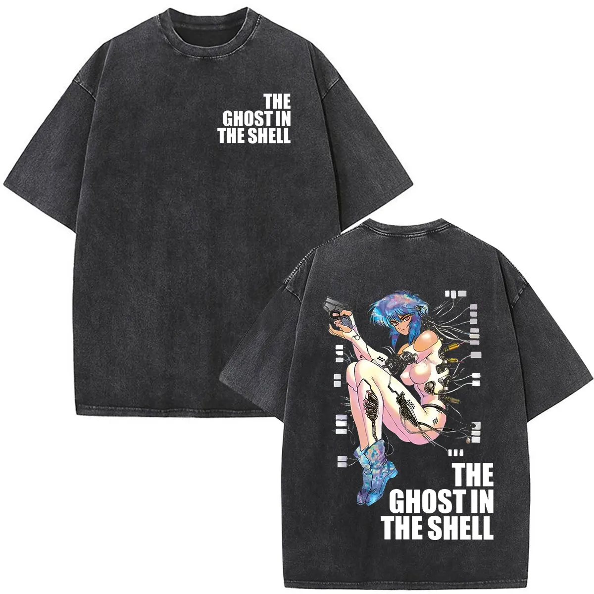 Anime Vintage Washed Ghost in The Shell Motoko Kusanagi T-Shirts Herren Damen Kleidung Mode Kurzarm Oversize T-Shirts