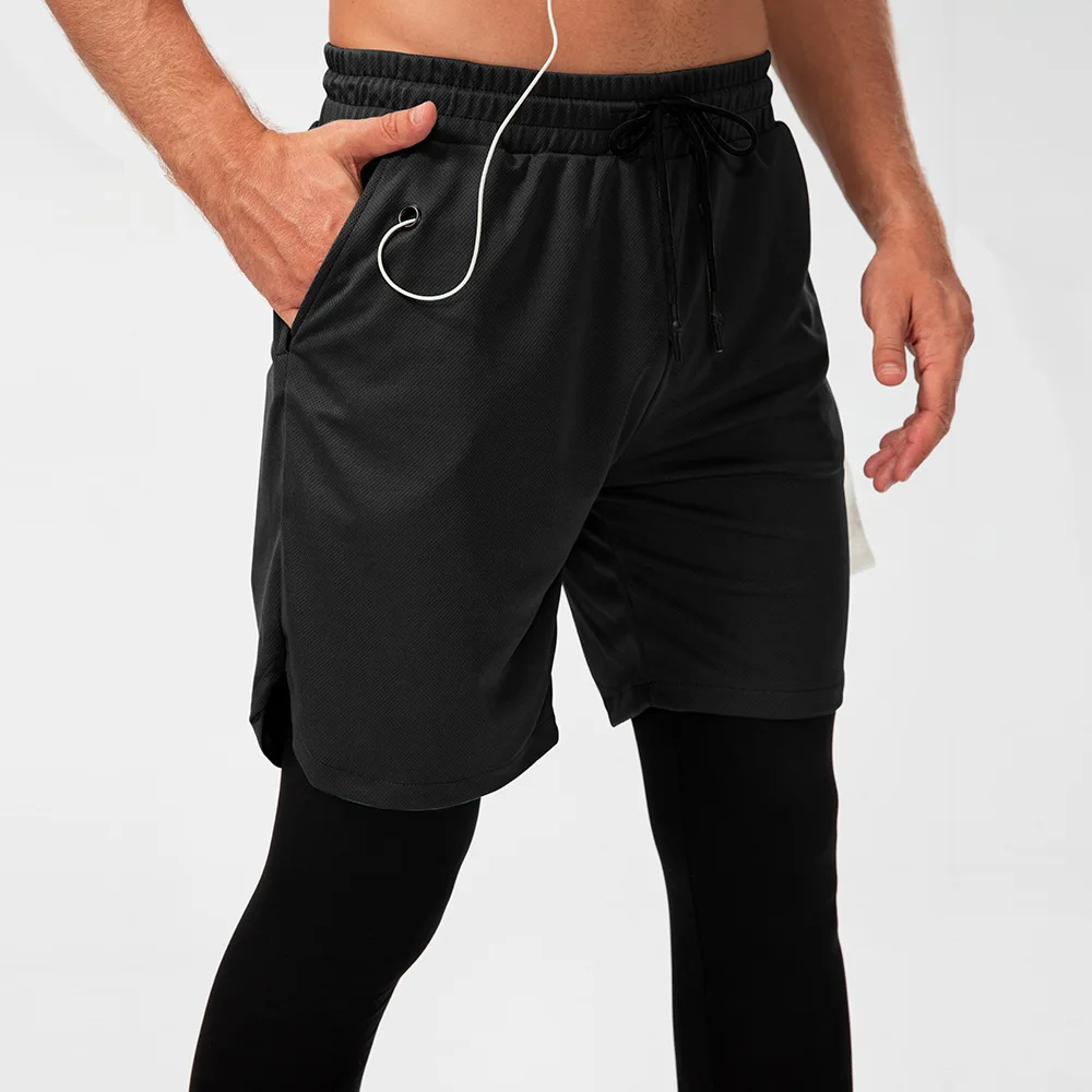 Men's camouflage sports pants fake two-piece double-layer multi pocket high elasticity quick drying sweat wicking fitness pants