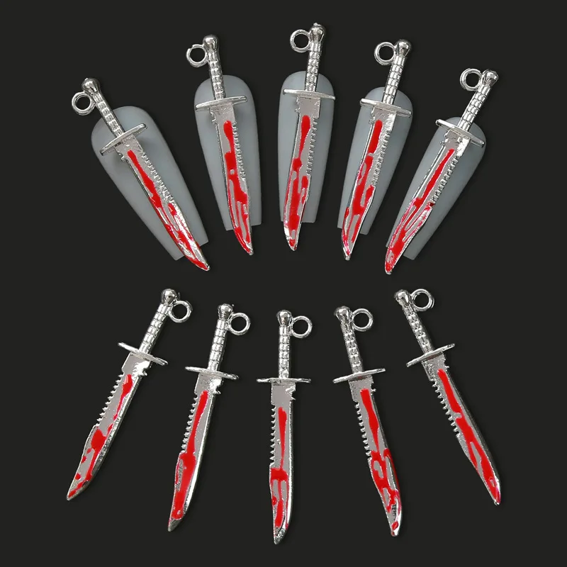 

10pcs Bloody Halloween Decorations Terror Slaying Knife Charms Spatter Dagger Adorn Nail Alloys Nail Art Tips Decorations Parts