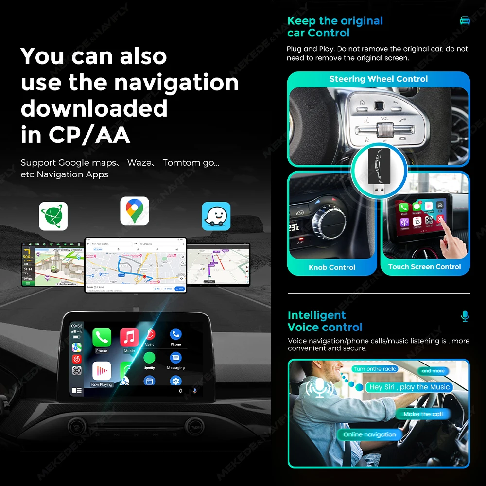 MEKEDE 2 TO 2  Wireless Carplay Adapter Android Auto Smart USB Dongle Plug and Play For Havel Kia Volvo Audi MG VW Hyundai Jeep