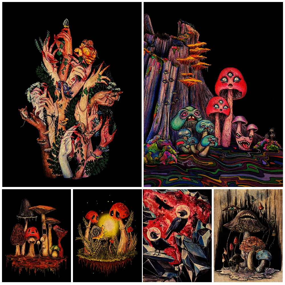 

The Miserable Spooky Mushrooms Vintage Wall Art Canvas Painting Creepy Bouquet And Forest Witch Art Poster And Print Decoration