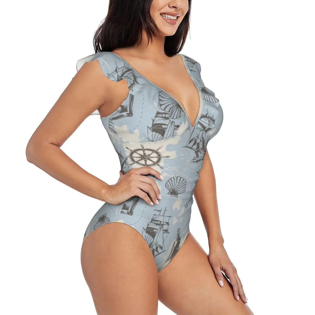 

Ruffle Women Sexy One Pieces Swimsuit Swimwear Female Vintage Nautical With Ship Wheel Anchor Monokini Bathing Suit Beachwear