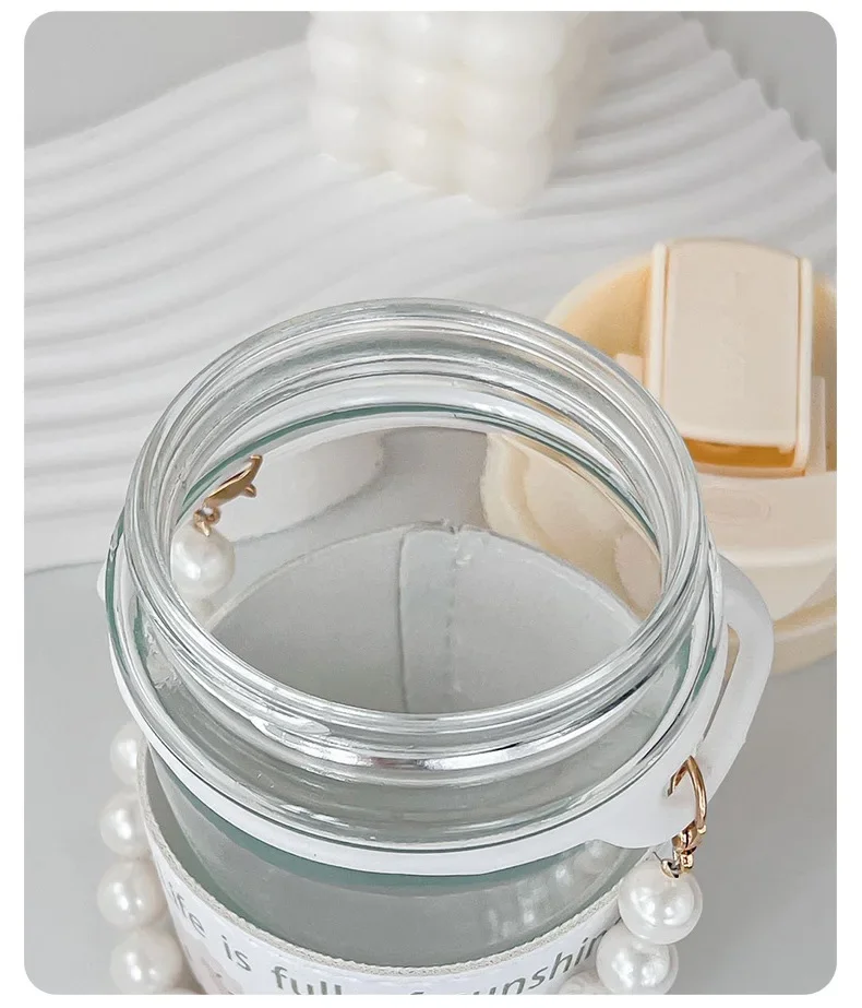 Cute Glass Water Cup Printed Pearl Bracelet Straw Cup Portable Water Cup Coffee 18 Undefined