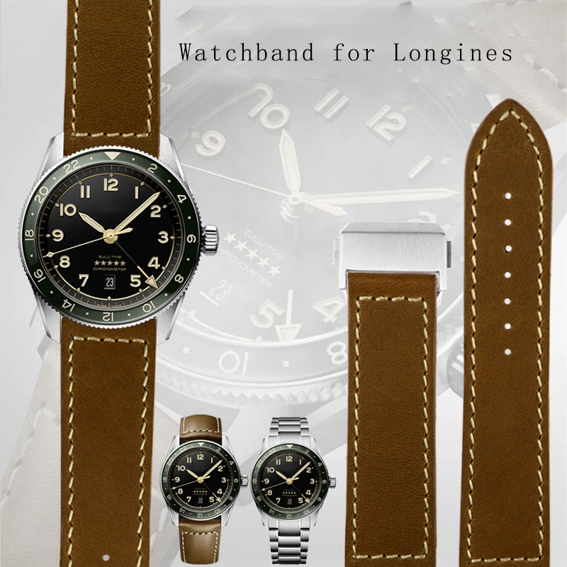 Bracciale In Vera Pelle Per Longines Pioneer New Zulu Multi Time Zone Series Cinturino Da Uomo In Pelle Con Fibbia Pieghevole Cinturino Da 22Mm