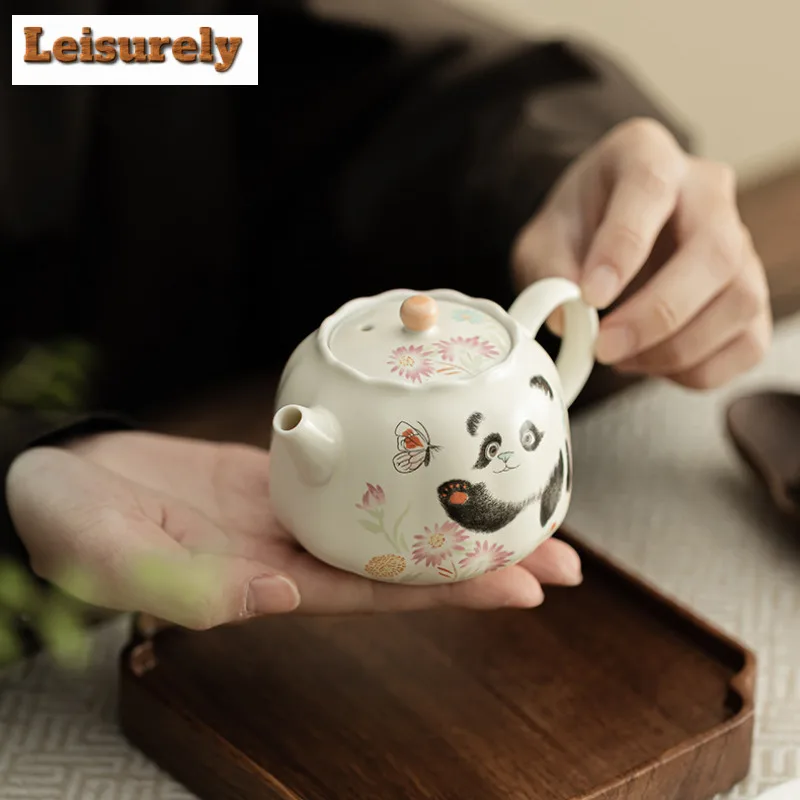 158ML Cream Ding Kiln Panda Play Butterfly Teapot Japanese Tea Infuser Pot Tea Soaking Kettle with Strainer Teaset Decoration