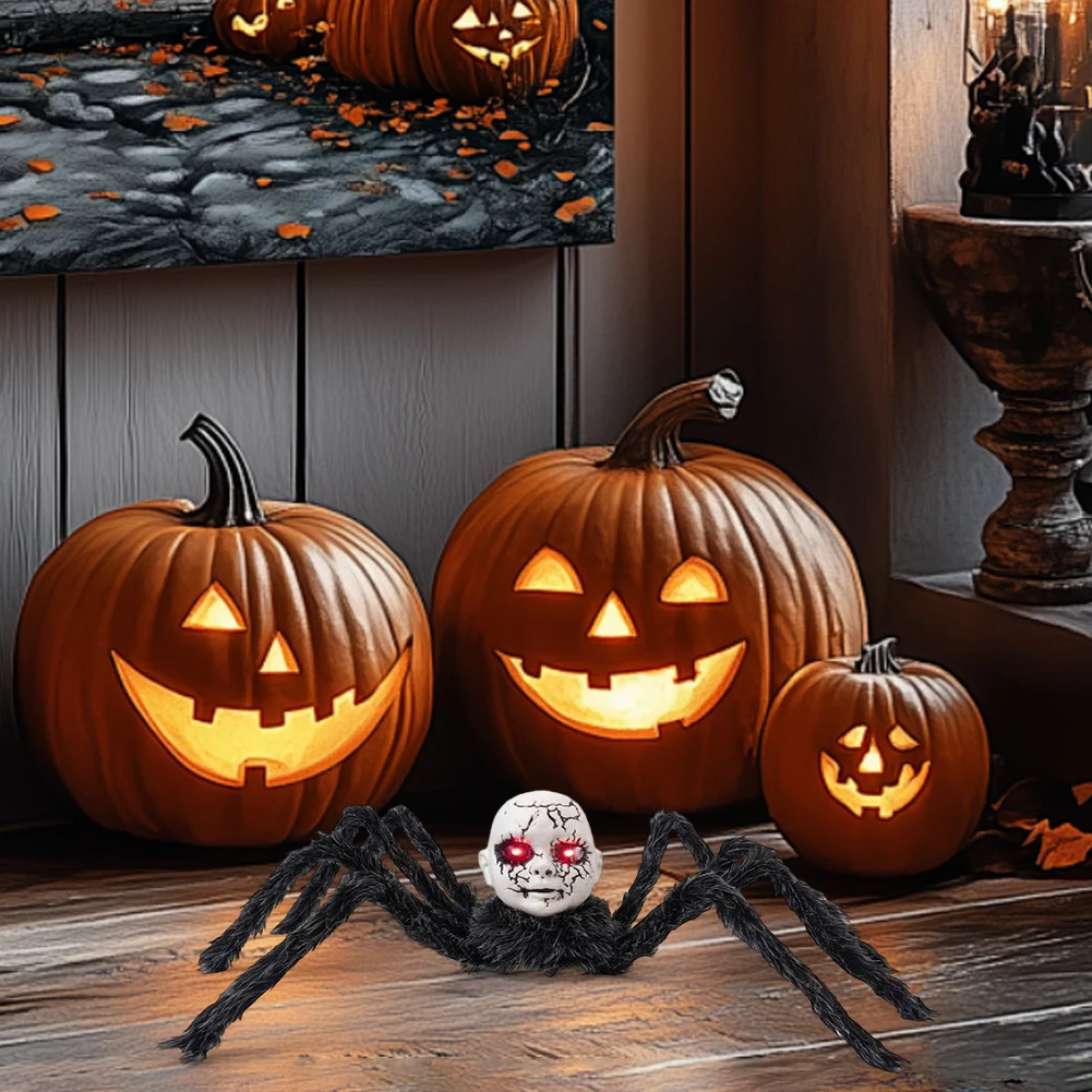 2025 Halloween Doll Face Spider Ornament Haunted House Electric Induction Light-Up Voice-Activated Scary Walking Prop Decor