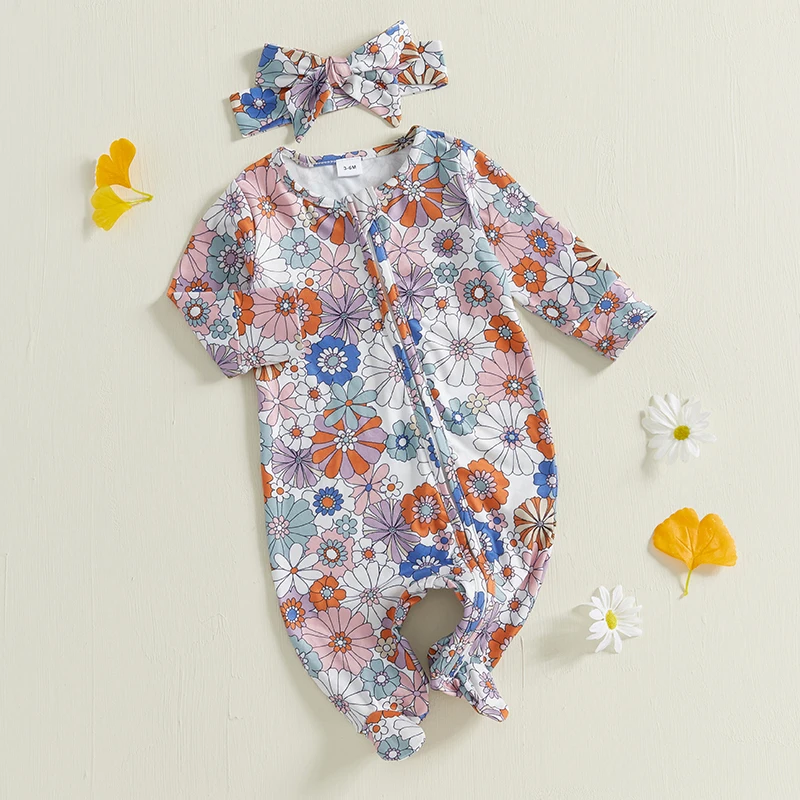 Autumn Newborn Baby Girl Fall Outfits Long Sleeve Floral Print Footie Jumpsuit Headband Set Clothes