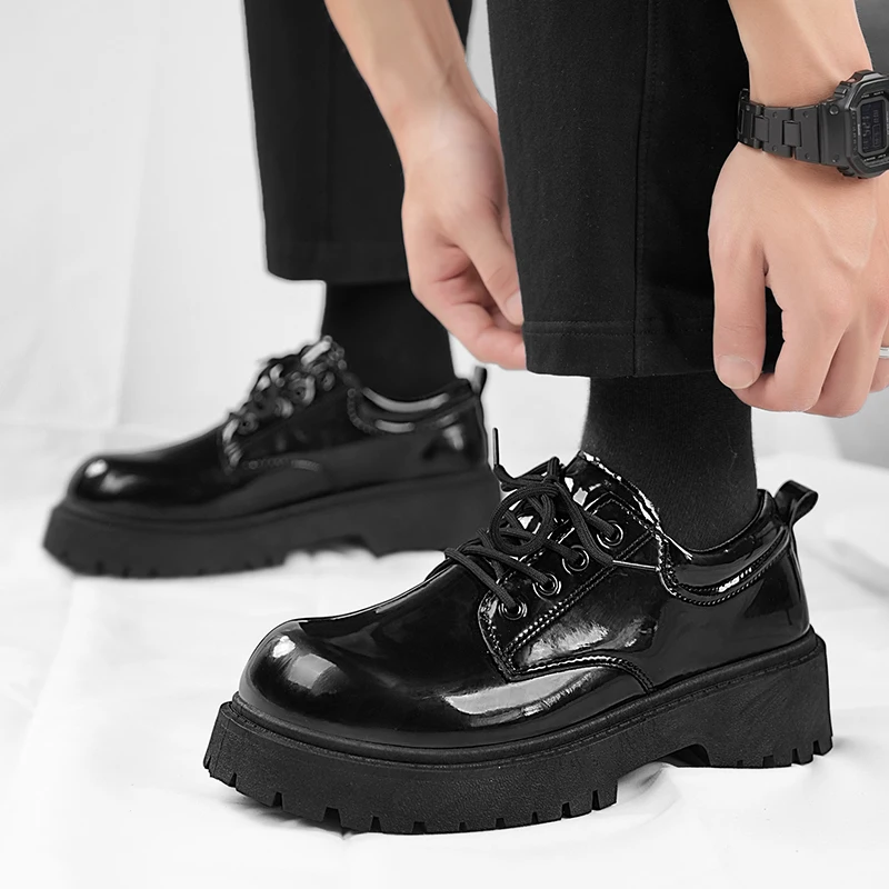 Men Patent Leather Shoes Round Toe Casual Platform Business Shoes Fashion Wedding Banquet Party Formal Dress STRONGSHEN