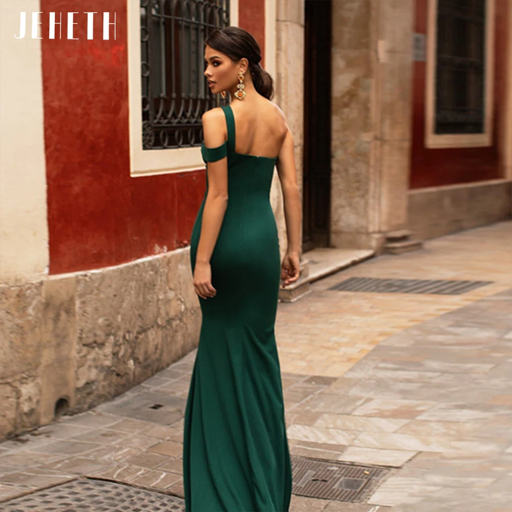 JEHETH Simple Dark Green One Shoulder Soft Satin Mermaid Evening Dress Long Sexy Backless Formal Prom Gowns robes de soirée 2022 formal evening gowns