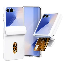 Premium Card Holder Skin Feel Hard Shell Phone Case with Hinge Protection and Kickstand - Galaxy Z Flip5 (White)