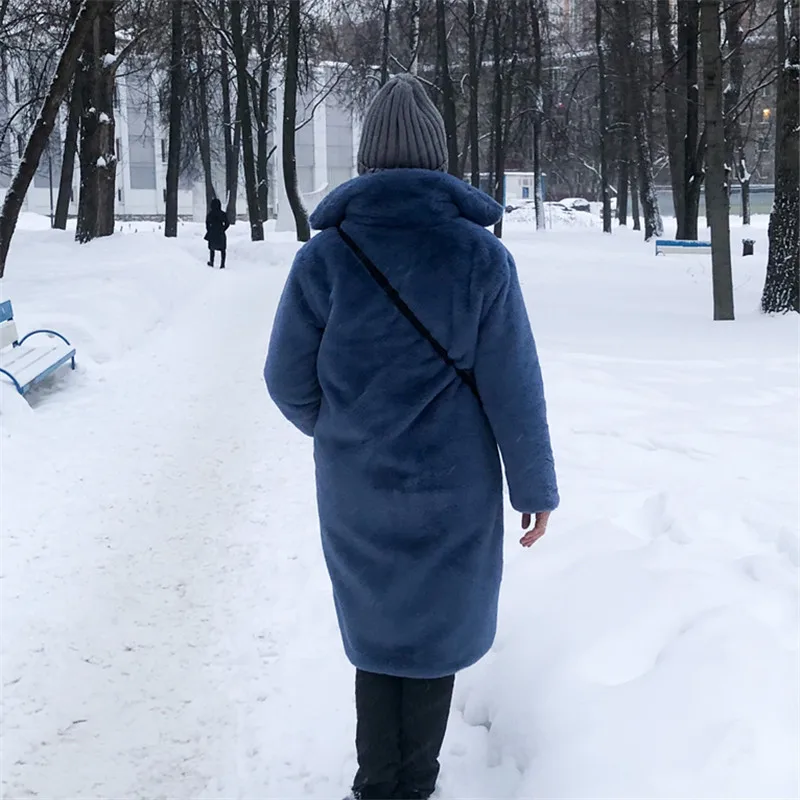 Winter Women High Quality Faux Rabbit Luxury Long Fur Coat Loose Elegant Lapel OverCoat Thick Warm Plus Size Female Plush Coats