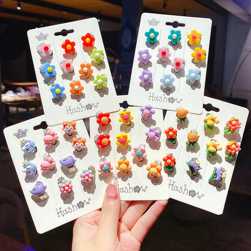 10Pcs/set Cute Girls Earrings No Ear Hole Flower Ear Clip Child Earrings Jewelry Children Princess Birthday Kids Accessories