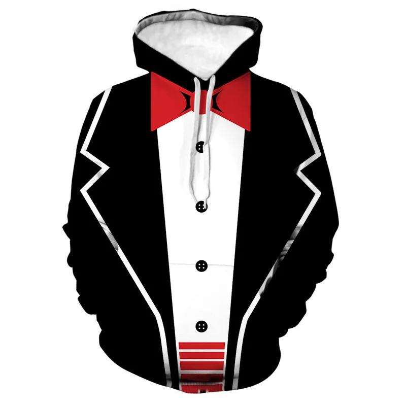 thumbnail image 1 of Sudadera con capucha de traje falso divertida con estampado 3D para hombre, esmoquin con patrón de pajarita, sudaderas casuales de manga larga para cosplay, sudaderas con capucha de calle, 1 of 5