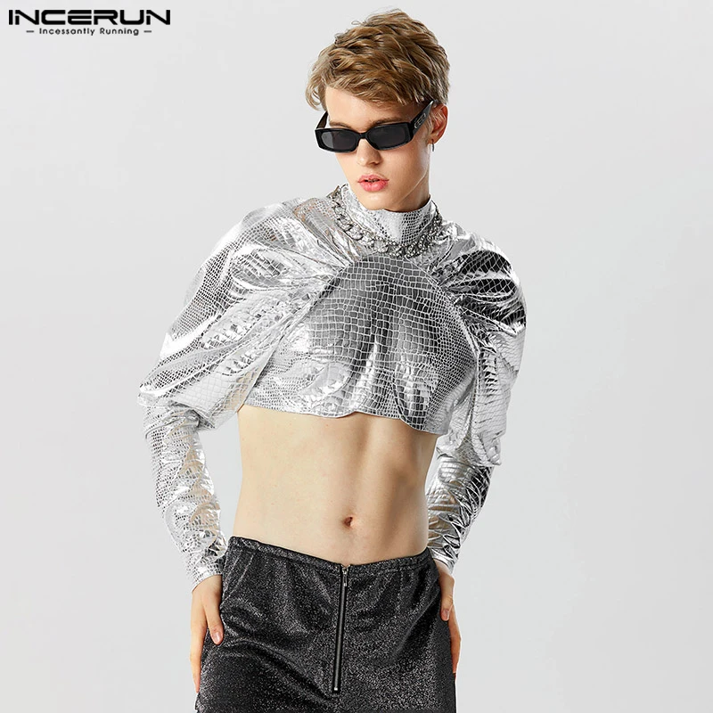 

INCERUN Tops 2023 Fashion Men's Flash Fabric Cropped Half High Neck T-shirts Casual Raglan Bubble Sleeve Long Sleeve Tees S-5XL