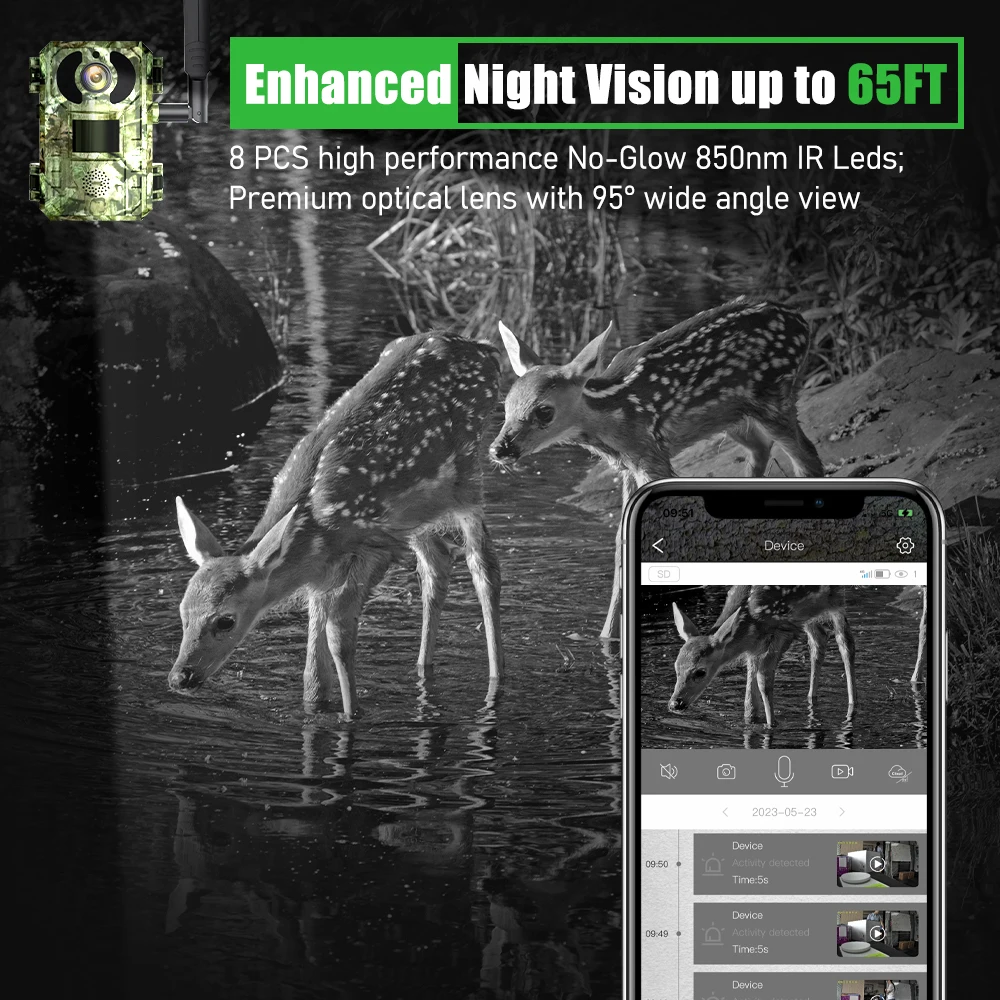 4G Sim Card LTE Cellular 4W Solar 7800mAh Battery Outdoor Hunting Trail Motion Activated Night Vision 4MP IP66 Wildlife Camera