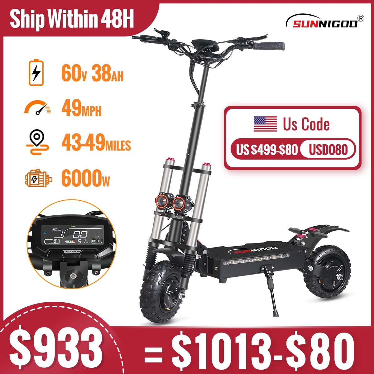 Electric Scooter Off-Road Dual Hub Motor 6000w Foldable 60V 38Ah 49MPH 43-49Miles Long Range
