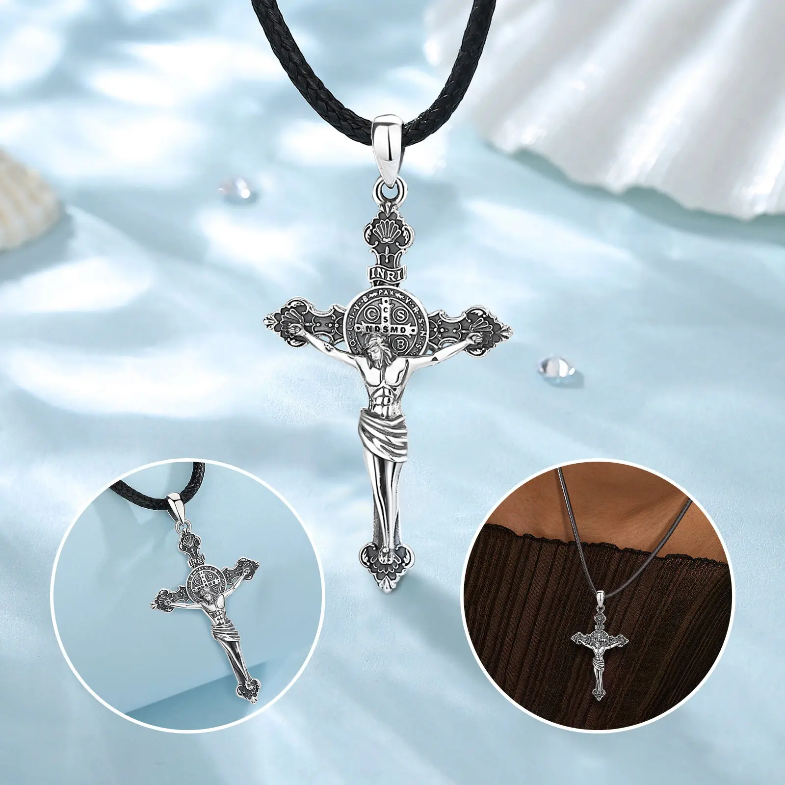 Eudora 925 Sterling Silver Jesus Necklace St. Benedict's Cross Vintage Amulet Pendant Religious Jewelry Gift for Men Women