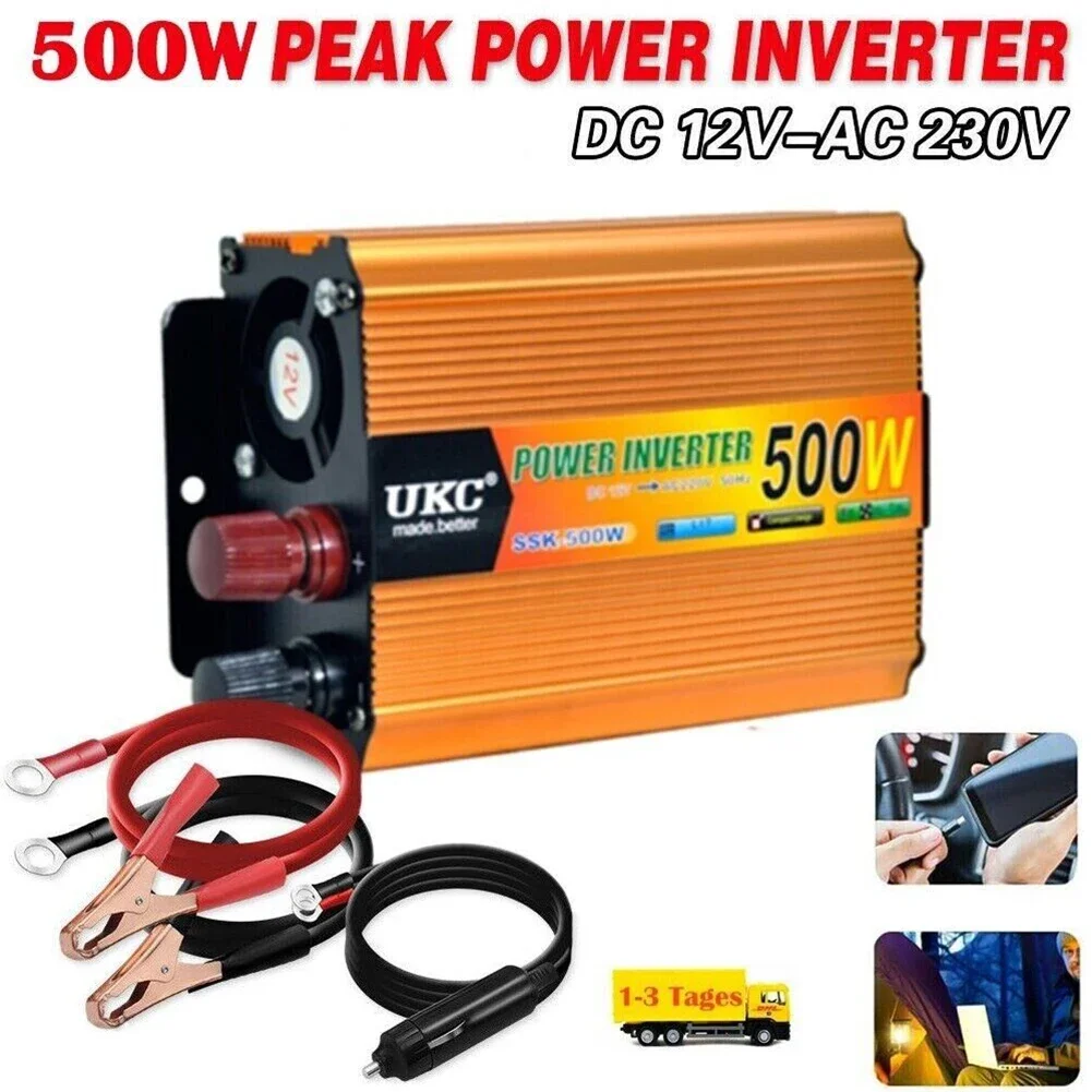 Inverter 500W 12V A 230V Onda Sinusoidale Modificata - Con Presa E USB, Per Camper, Auto, Viaggi, Campeggio
