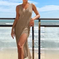 2024 Summer Ladies Vacation Hollow Out Robe Women Chic Solid Knitted Maxi Dress Fashion Sleeveless Sexy Beach Cover Up Dresses - Image 4