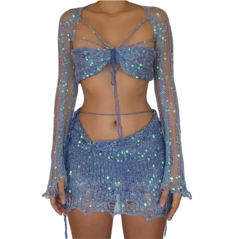 Sequins 3 Piece Women's Set 2023 New Summer Beach Sexy Tops Miniskirt Matching Suit Nightclub Knitted Sweater Three Piece Set