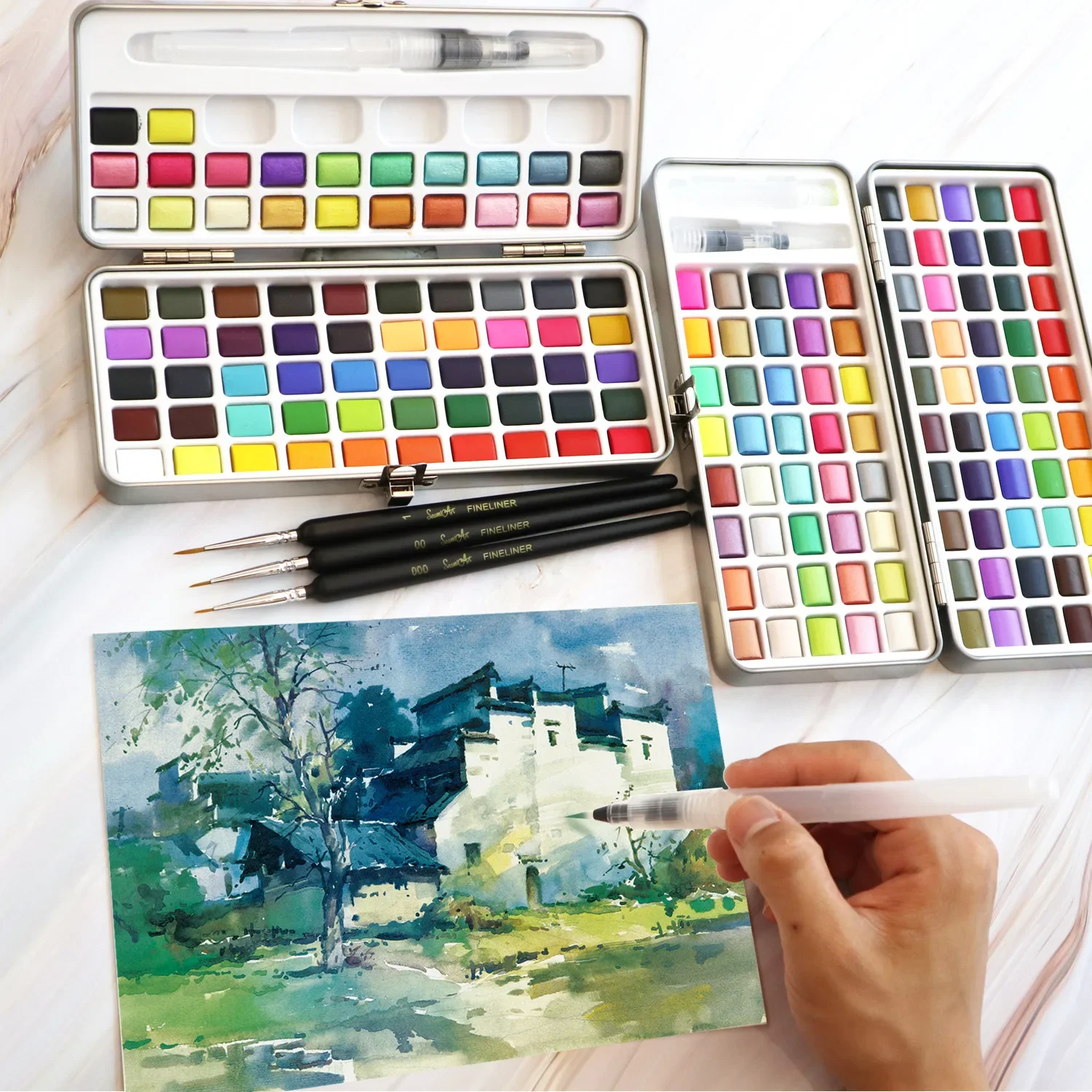 Portable Solid Pigment Water Color Paint Set Solid Watercolor Set with Watercolor Brush Pen for Painting Art Supplies for Artist