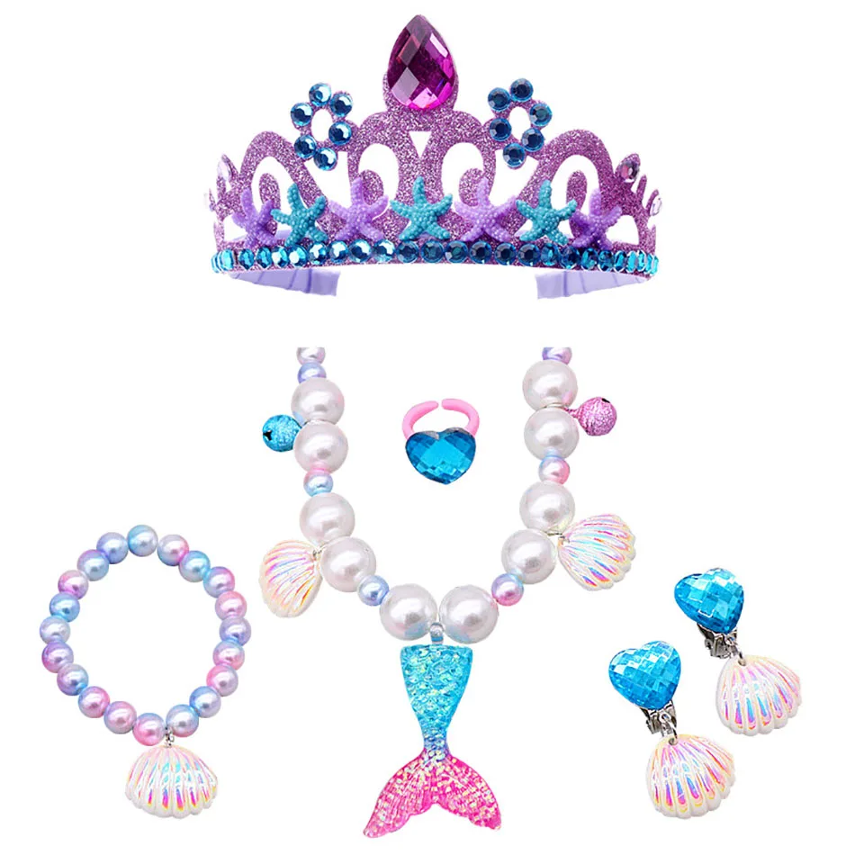 Ariel Princess Accessories Gloves Wand Crown Jewelry Set Mermaid Wig Necklace Braid for Princess Dress Clothing Cosplay Dress UP