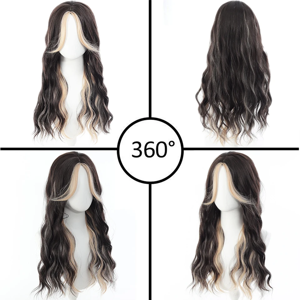 Synthetic Long curly Wavy Wig for Women 28 Inch Eight character bangs Curly wigs Natural Looking Heat Resistant Fiber for Daily