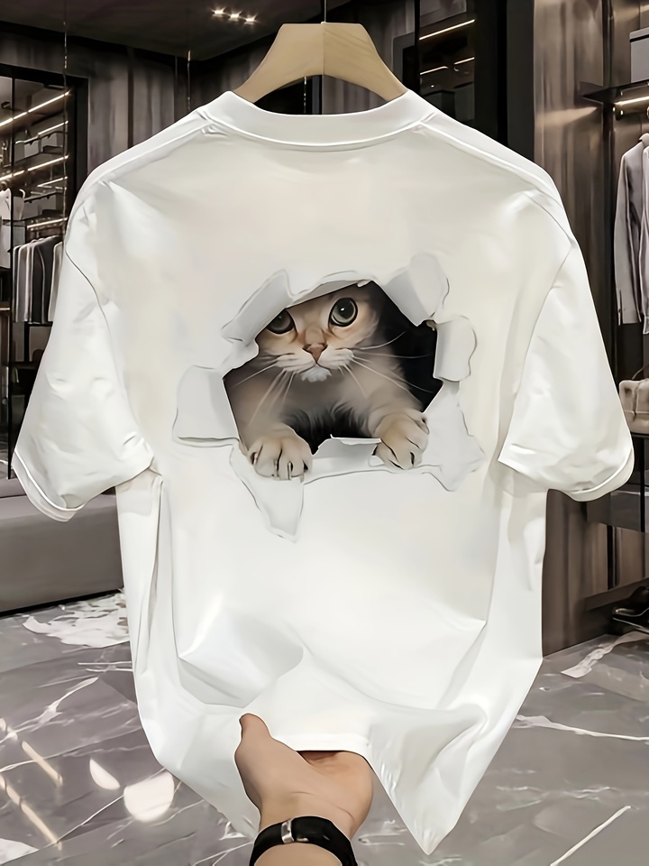 Men's Summer 100 Cotton Fashionable Casual Loose Large Size 3D Cat Pattern Printed Sports Round Neck Short Sleeve T-shirt Top