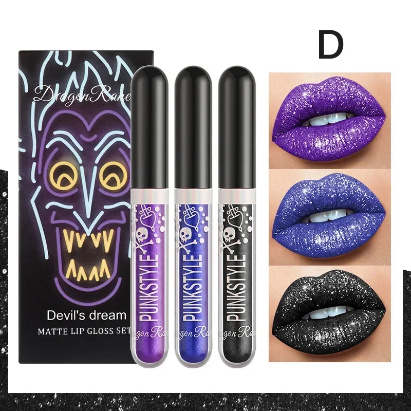 3pcs Glitter Lipstick Set Waterproof Sexy Blue Purple Black Lip Gloss Shiny Lip Tint Halloween Lip Makeup Tool Korean Cosmetics 5