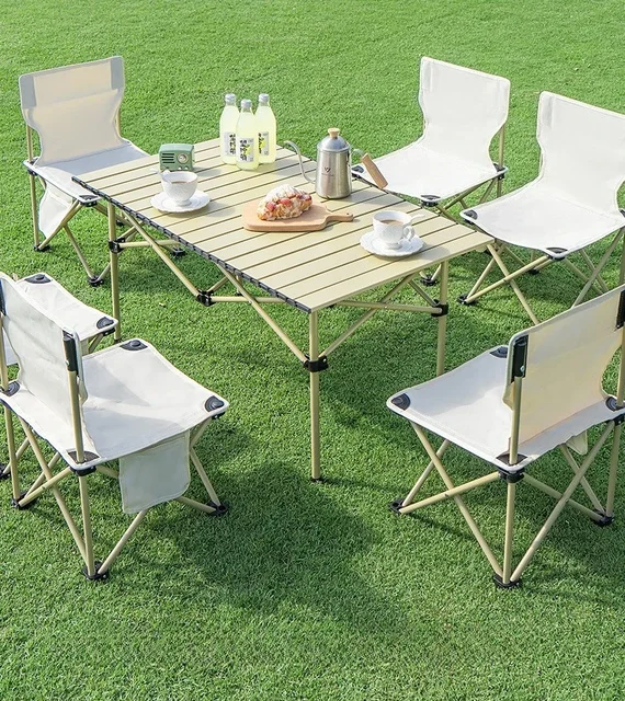 Set tavolo e sedie da campeggio pieghevoli portatili, scrivania arrotolabile per barbecue da picnic all'aperto, lega di alluminio leggera per il facile da trasportare sulla spiaggia 4