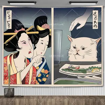 Tapisserie murale vintage japonaise, femme Kawaii criant au chat mangeant des aliments, peinture esthétique, décoration de chambre 1
