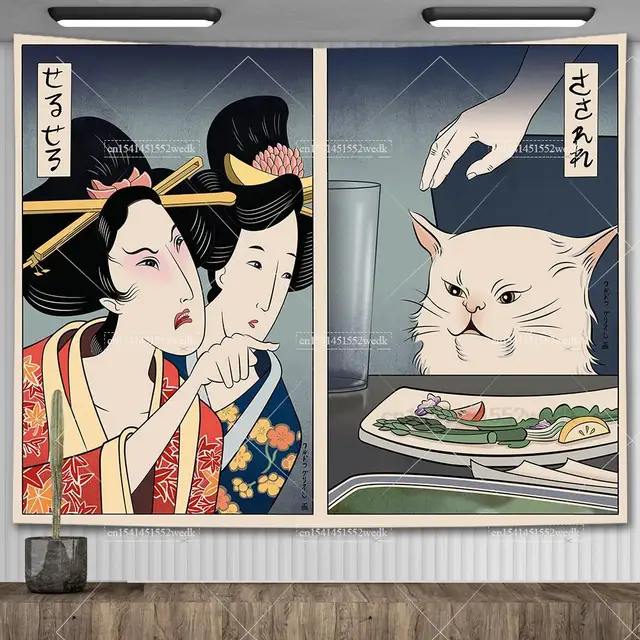 Tapisserie murale vintage japonaise, femme Kawaii criant au chat mangeant des aliments, peinture esthétique, décoration de chambre 1