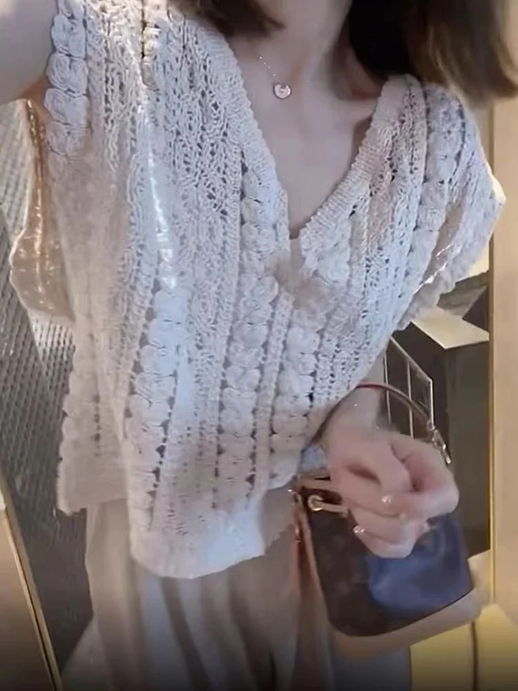 여름 크로 셰 뜨개질 탑 여성 쉬어 오픈 워크 v 넥 민소매 니트 탱크 블라우스 비치 Boho Vacation Outfit